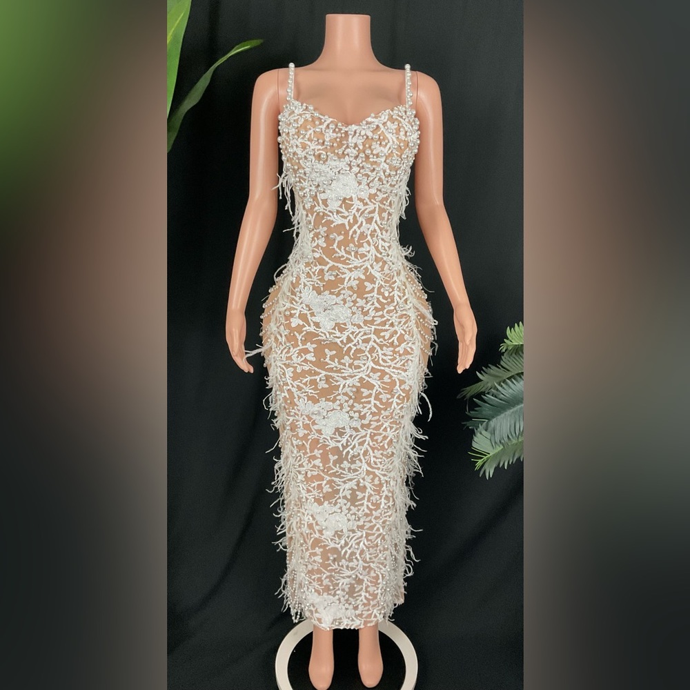Pearl-Embellished with Fringe Maxi Dress